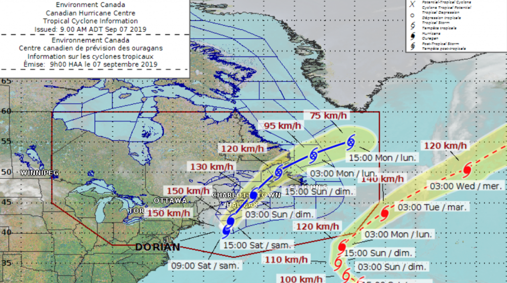 Map showing the predicted track of Hurricane Dorian, courtesy of Canadian Hurricane Centre Map showing track of Hurricane Dorian