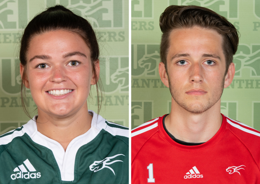 Brinten Comeau and Evan Couturier Smiling face portraits of a female and a male athlete