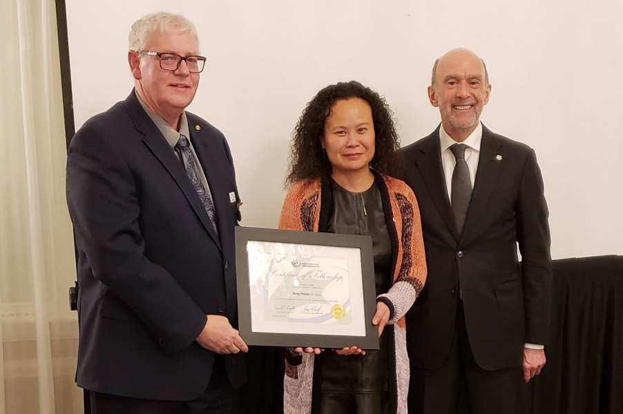 Geoff Connolly, president of Engineers PEI; Dr. Amy Hsiao, associate professor, UPEI Faculty of Sustainable Design Engineering; and Dr. David Lynch, president of Engineers Canada Two men and a woman