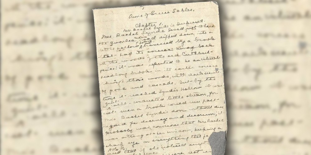 Lucy Maud Montgomery, Anne of Green Gables manuscript, page one, 1905 (published 1908), pen and ink on paper, purchased, 1967, Collection of Confederation Centre Art Gallery. A hand-written page of text in old-fashioned flowing script