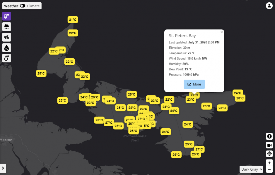 Screen shot from the PEI weather and climate application Screen shot from the PEI weather and climate application