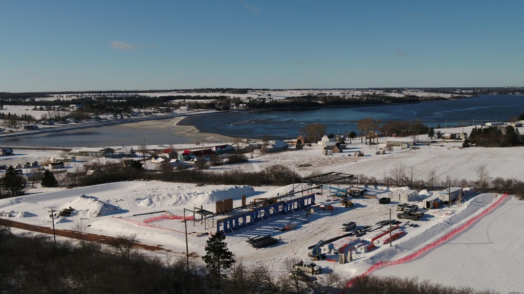 An aerial drone photo of the Canadian Centre for Climate Change and Adaptation (credit: UPEI Climate Lab) aerial photo of construction at St. Peter's Bay