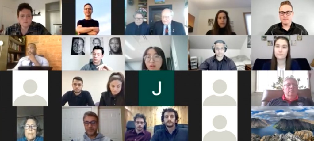 The students, professors, and judges meet online for the Panther Pitch semi-final A screen-shot of a computer screen tiled with several people's faces in a zoom-type call