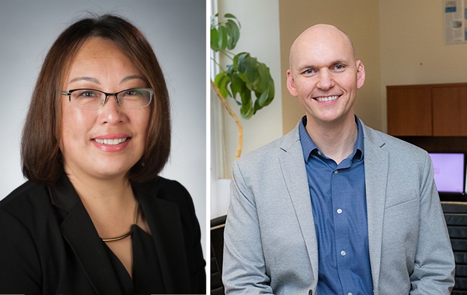 Dr. Linyuan Guo-Brennan and Dr. Josh MacFadyen Side-by-side headshots of a female and a male professor in a professional office environment