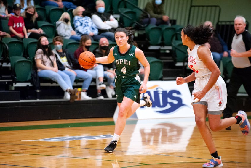 Jenna Mae Ellsworth is now UPEI's all-time leading scorer Photo of female basketball player dribbling ball