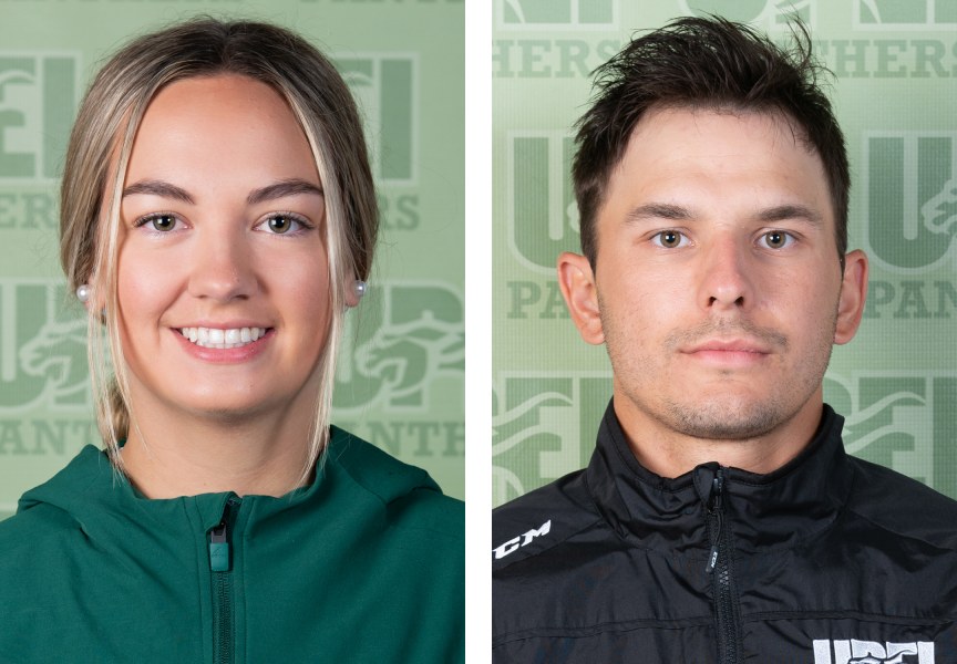 Taylor Gillis and Troy Lajeunesse Close-up photographs of a female and a male student athlete in geen Panthers athletics gear