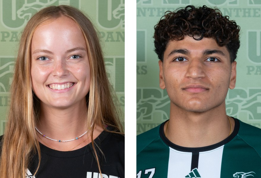 Paige Chisholm and Ehab Moustafa Smiling headshots of a female and a male athlete in green and white Panthers gear