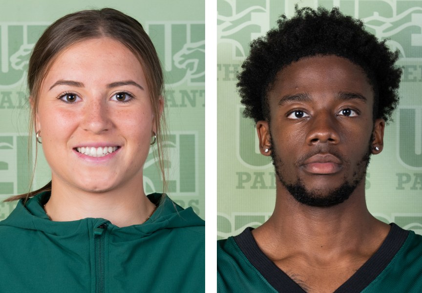 Camille Scherger and Elijah Miller Close-up photographs of a female and a male student athlete in geen Panthers athletics gear