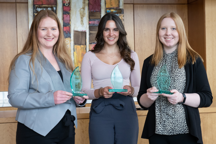 Left to right: Jodi Dow, representing the Canada Revenue Agency, Employer of the Year; Elizabeth Toop, Science Co-op Student of the Year; and MacKenzie Wright, Business Co-op Student of the Year. Missing from photo is Rahmat Buraimoh, winner of the inaugural Arts Co-op Student of the Year Award. Winners of UPEI 2021 Co-op Education awards