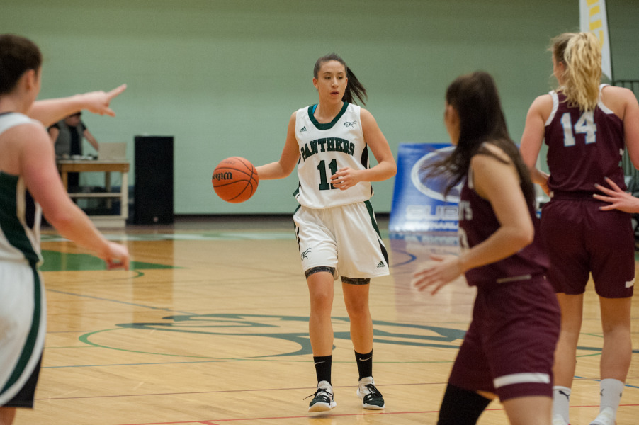 Star player Karla Yepez returns to the Panthers for her final year of eligibility Female basketball player dribbling the ball during a game