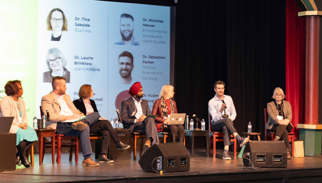 Dr. Marva Sweeney-Nixon (left) moderated a panel discussion following the launch which included UPEI faculty members Dr. Nick Mercer, Dr. Tina Saksida, Dr. Kuljeet Grewal, Dr. Pamela Courtney-Hall, Dr. Sébastien Parker and Dr. Laurie Brinklow. Dr. Marva Sweeney-Nixon (left) moderated a panel discussion following the launch which included UPEI faculty members Dr. Nick Mercer, Dr. Tina Saksida, Dr. Kuljeet Grewal, Dr. Pamela Courtney-Hall, Dr. Sébastien Parker and Dr. Laurie Brinklow.